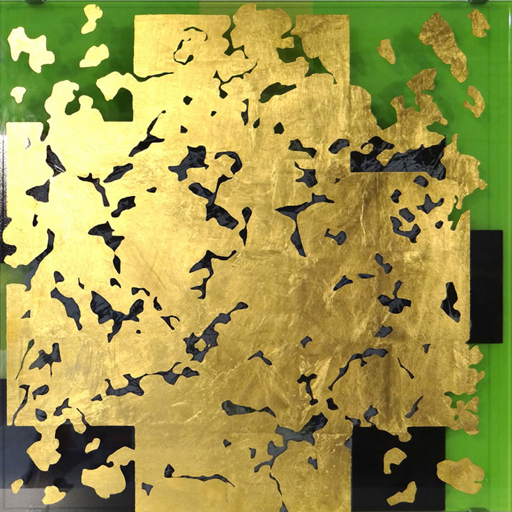 GOLDEN CROSSOVER GREEN, 2016,  Blattgold und Glasschmelzfarbe auf zwei Scheiben,  40 x40 cm