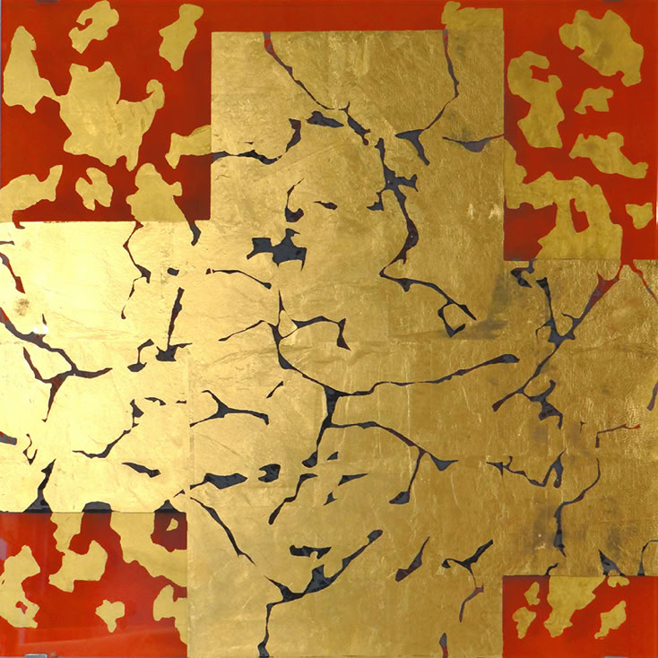 GOLDEN CROSSOVER ORANGE, 2016,  Blattgold und Glasschmelzfarbe auf zwei Scheiben,  40 x40 cm