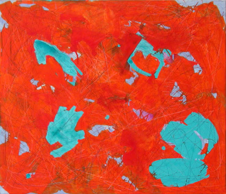 KLEINES ORANGE-TÜRKIS I, Acryl auf Nessel, 60 cm x 70 cm, 2004