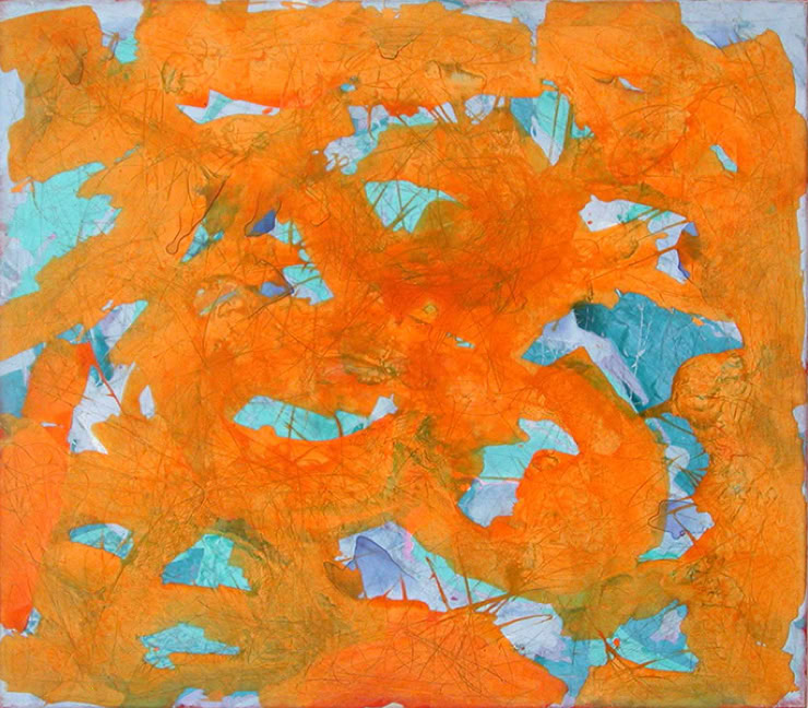 KLEINES ORANGE-TÜRKIS II,  Acryl auf Nessel, 70 cm x 80 cm, 2005
