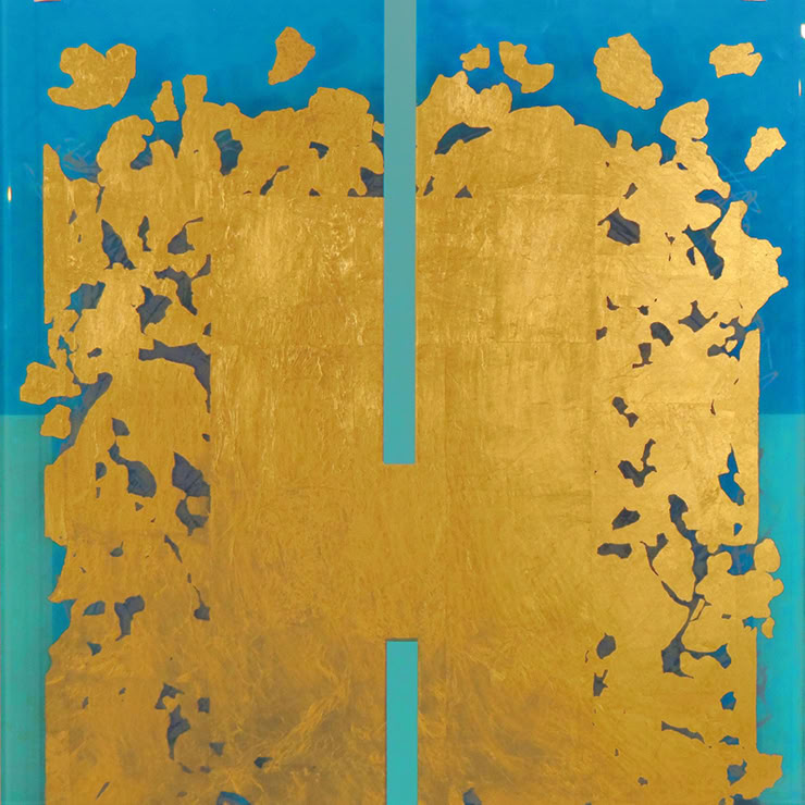 GOLDEN AGE, 2016,  Blattgold und Glasschmelzfarbe auf zwei Scheiben,  40 x40 cm
